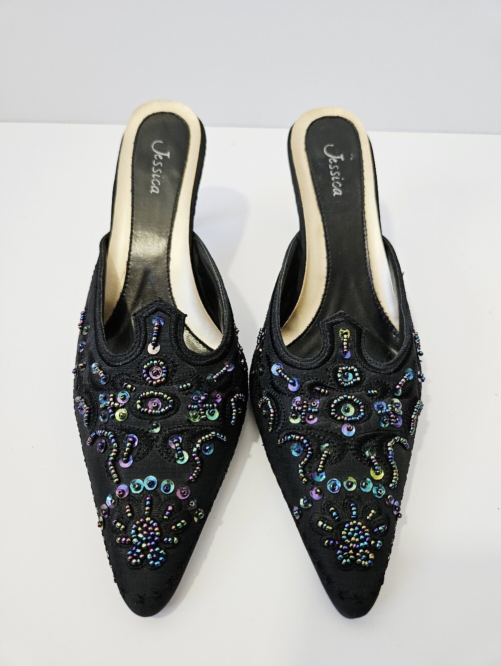 Vintage Jessica Beaded Mule Kitten Heels Size 7 Black Fairycore Embellished Y2K